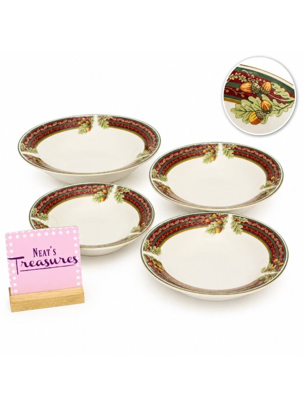 Gibson MAPLE HOLIDAYS Leave Nut Red Panel Gold Trim Stoneware Soup Bowls Set 4